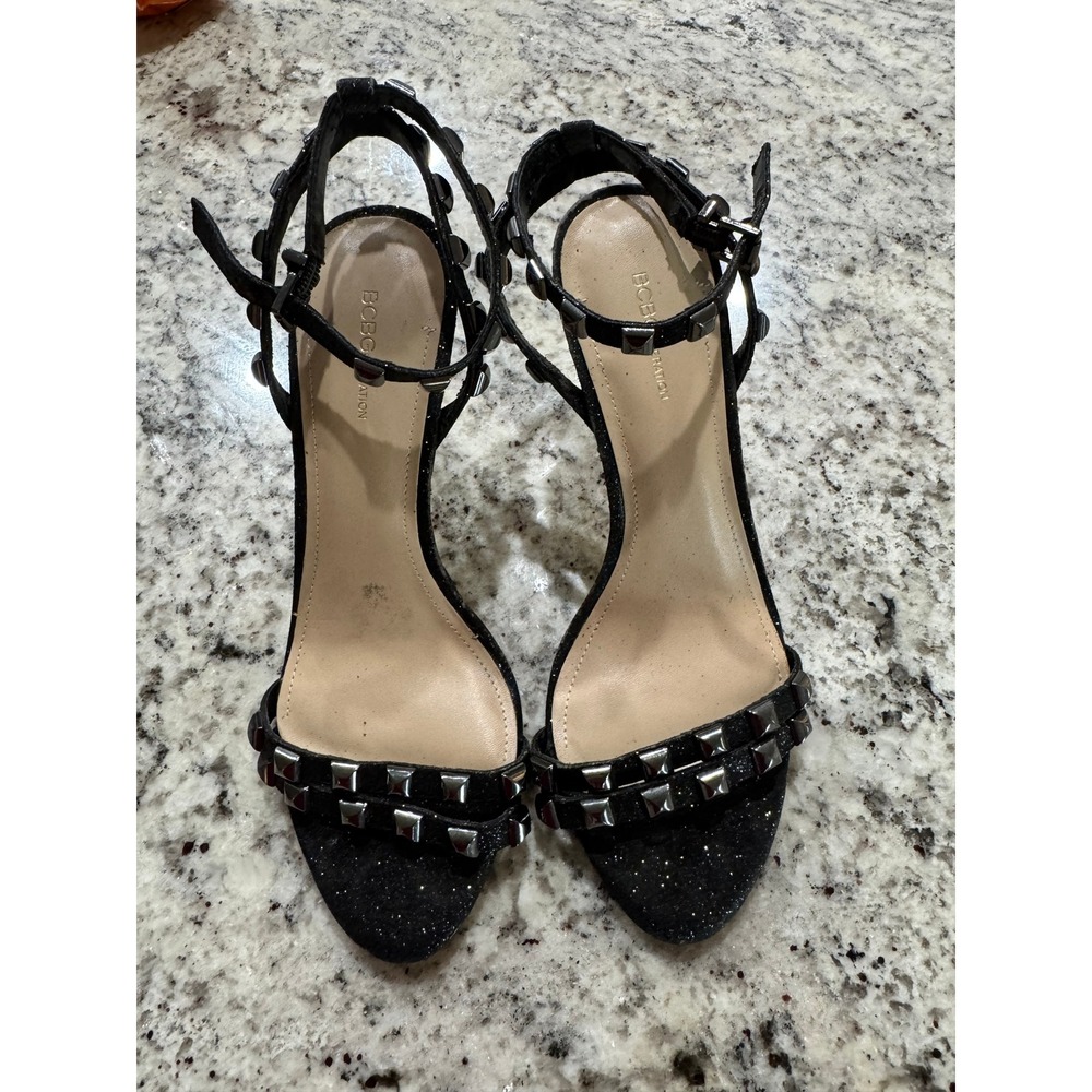 BCBGeneration Dacotah-X Black Glitter Studded Stiletto Sandals Heels 8.5M